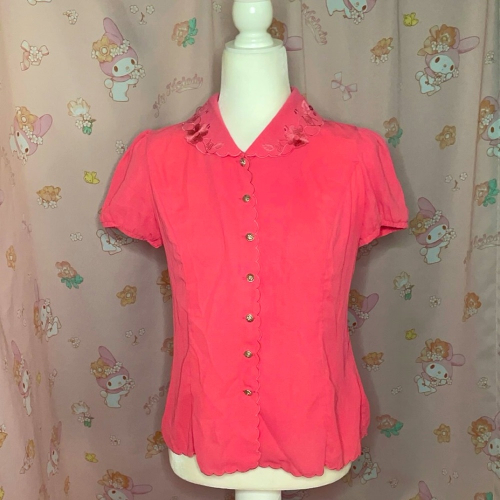 Honey Bunch Hot Pink Embroidered Collar Short Sleeve Button Up Blouse